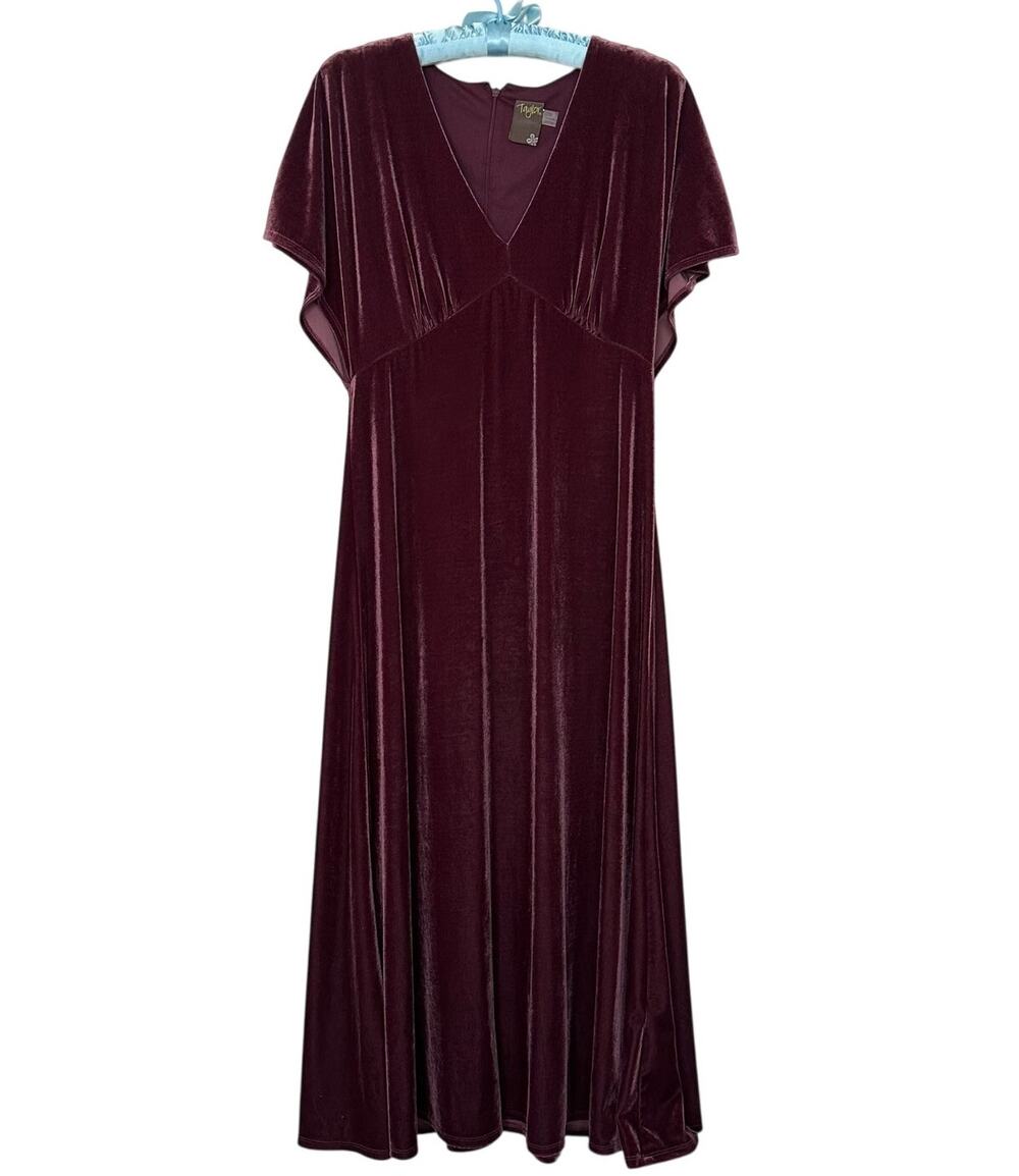 Taylor Sz 10 Midi Dress womens Purple Plum Velvet Empire Waist Flutter Sleeves